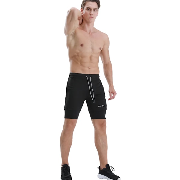 2-i-1 löparshorts med handduksögla för män Snabbtorkande träningshorts med fickor för gymträning
