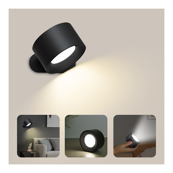 Indendørs væglampe, Touch LED væglampe med USB opladningsport Touch Control, 3 lysstyrkeniveauer 3 temperaturer 360° roterbar sengelampe (sort)