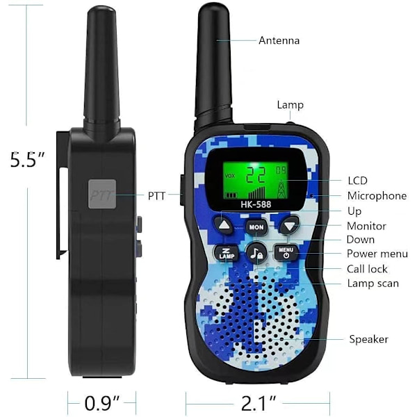 Lasten walkie-talkie taustavalaistulla LCD-näytöllä ja taskulampulla, kantama jopa 3 km, vihreä