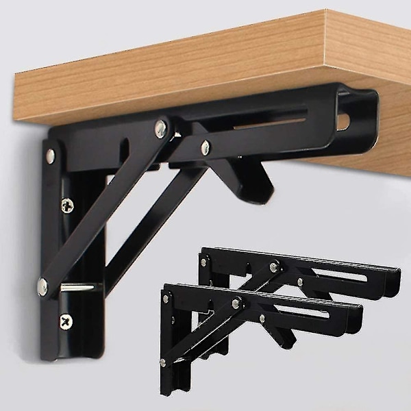 2023.2 Pcs Folding Shelf Brackets 8 Inch Black Heavy Duty Metal Triangle Table Bench Folding Shelf Bracket, Shelf Support Bracket Hinges Wall Bracket