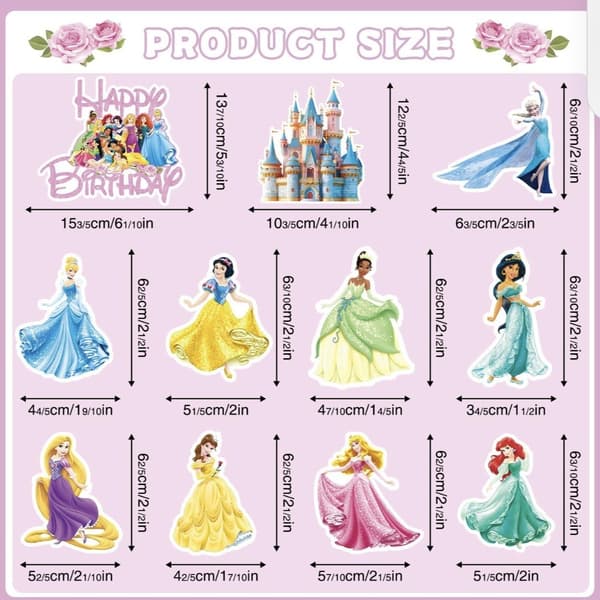 Frostprinsesse 7-tema kake-toppsett, bursdagsfest cupcake-pinner med 1 stor og 10 små glitterdekorasjoner