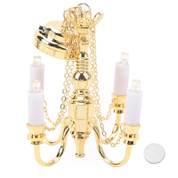 1/12 scale battery operated miniature dollhouse chandelier in gold