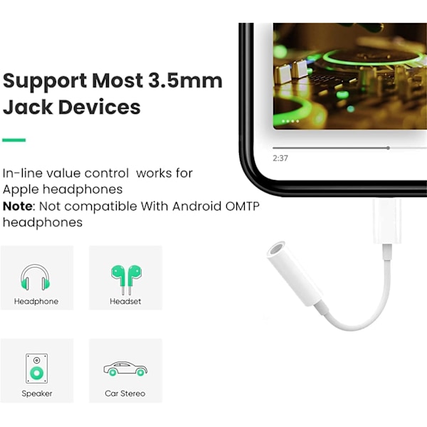 Certifierad 2-pack Lightning till 3,5 mm hörlursadapter för iPhone, iPhone Aux-adapterkonverterare Dongle ljudkabel kompatibel med iPhone 14 13