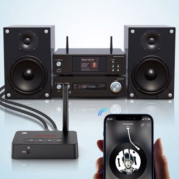 1 i 1 NFC Bluetooth-mottaker og -sender 3,5 mm AUX/2 RCA Sup