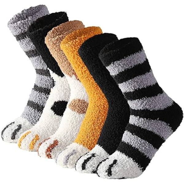 6 Par Söta Kattpåtassar Strumpor Kvinnor Vinter Fuzzy Cozy Plush Slip