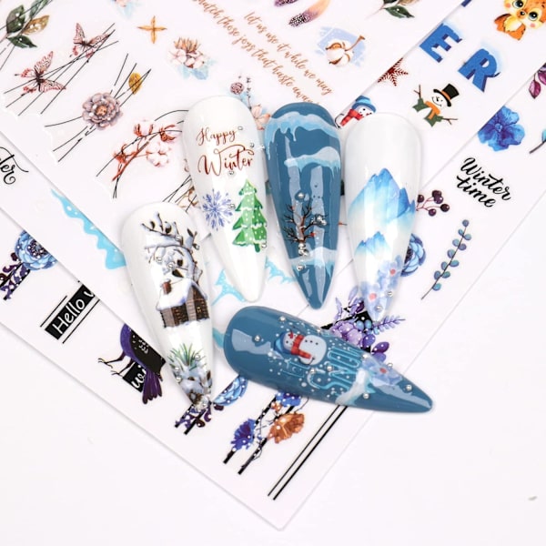 10 Ark Julnagelstickers Dekaler Självhäftande Semester Barn Söta Blå Vita Tall Nageldekorationstillbehör