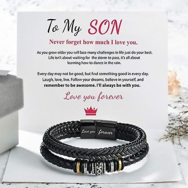 To My Son Love You Forever Bracelet, Braided Leather Bracelet for Men, Stainless Steel Personalized Engraved Bracelet