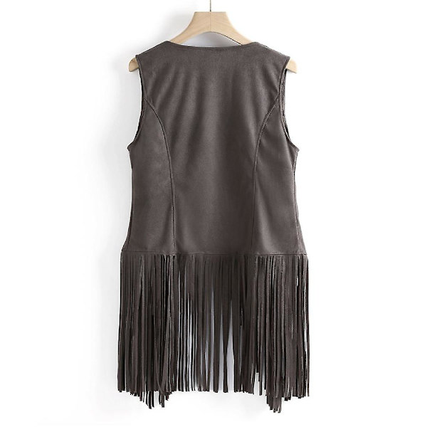 1970'ernes Kvinde Tassel Ærmeløs Vest 70'er Retro Hippie Kunstlæder Frynser Jakke Cardigan Grå Grey S