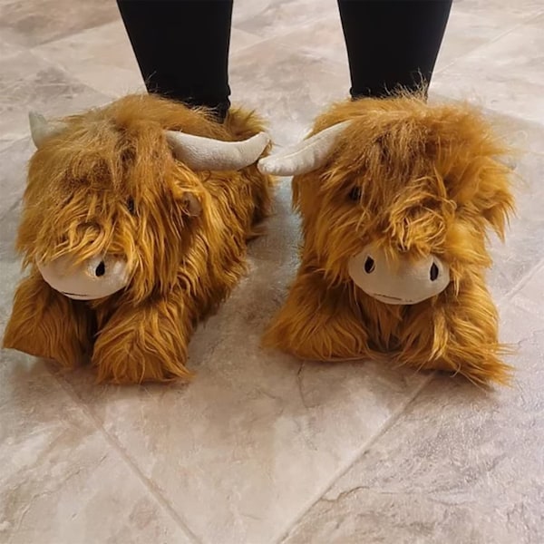Highland Cattle Tøfler, Fluffy Skotske Highland Cow Tøfler Plush