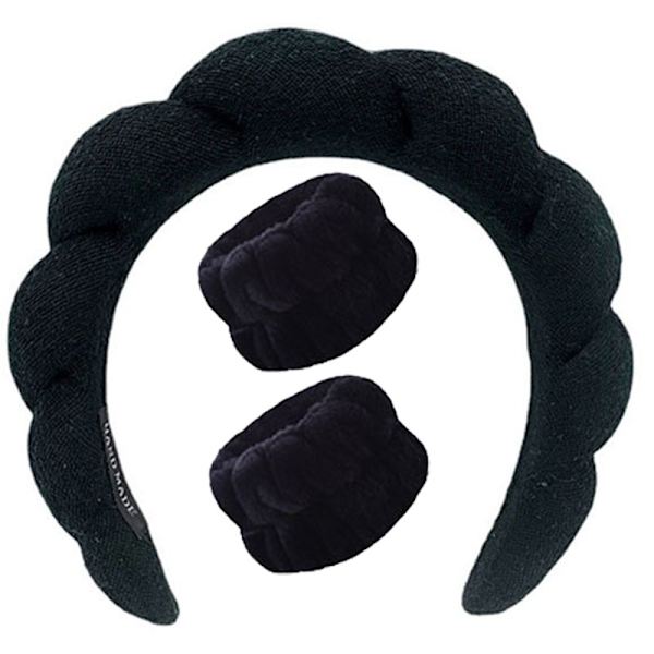 3-pak Hårbånd og armbånd til makeup og ansigtsvask, sort