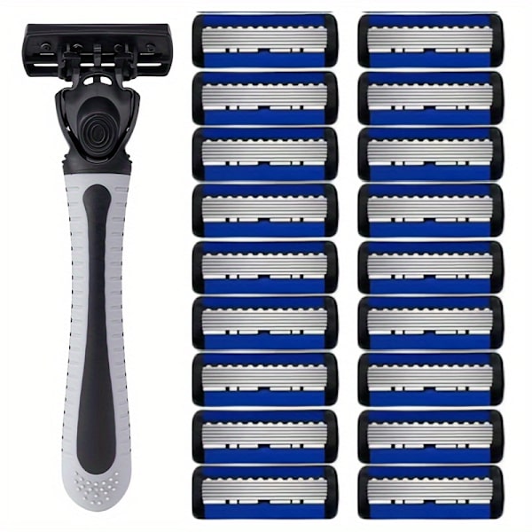 Manuell rakapparat, 6-lagers bladrakhyvel, klassisk rakapparat i rostfritt stål, ersättningsblad 1 Toolholder + 12 Blades