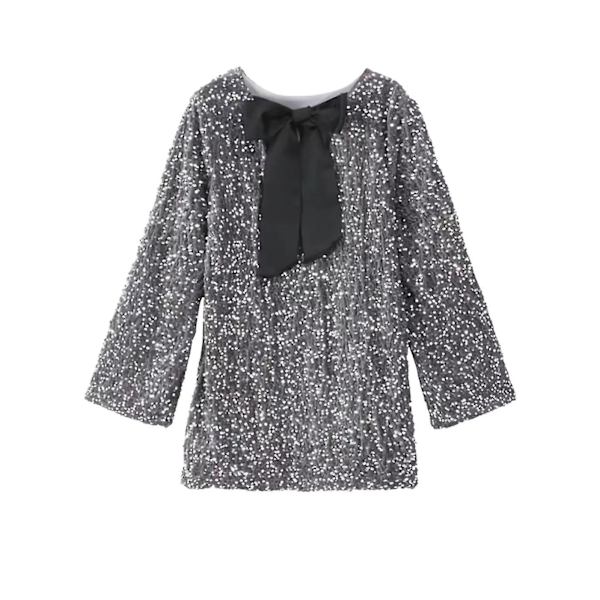 Kvinnors bandklänning med paljetter, långärmad nattklubbsklänning, festklänning, glänsande paljetter, rosettklänning, miniklänning, grå Grey XL