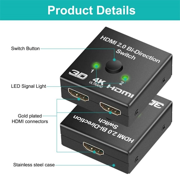 4K HDMI -kytkin 2 porttia Kaksisuuntainen HDMI -kytkin