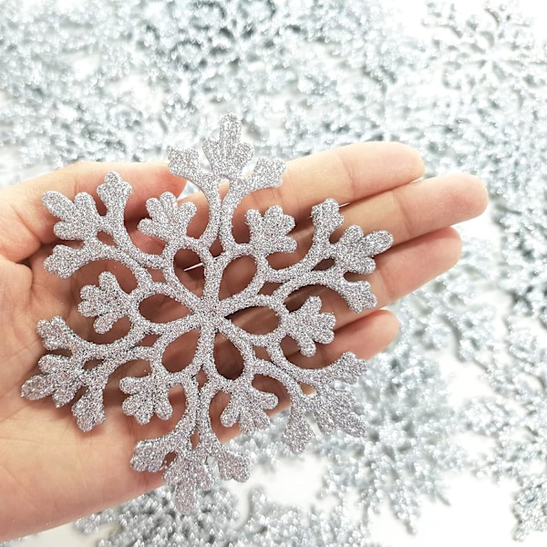 36 Pakk Sølv Snøfnugg Ornamenter Plast Glitter Snøfnugg Ornamenter for Vinter Jul