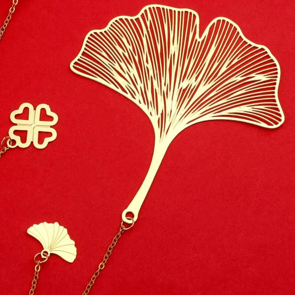 4 metal bogmærker med kæde, blad bogmærke med Lotus Ginkgo