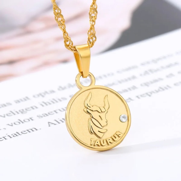 Disk Constellation Halskæde 12 Stjernetegn Sten Vedhæng Halskæde Kvinder Mode Horoskop Smykker Fødselsdagsgaver Guld Farve Gold Color Taurus