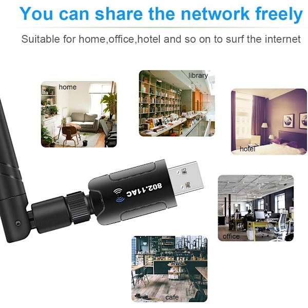 WiFi-adapter for PC, 1200 Mbps USB 3.0 trådløst nettverk WiFi