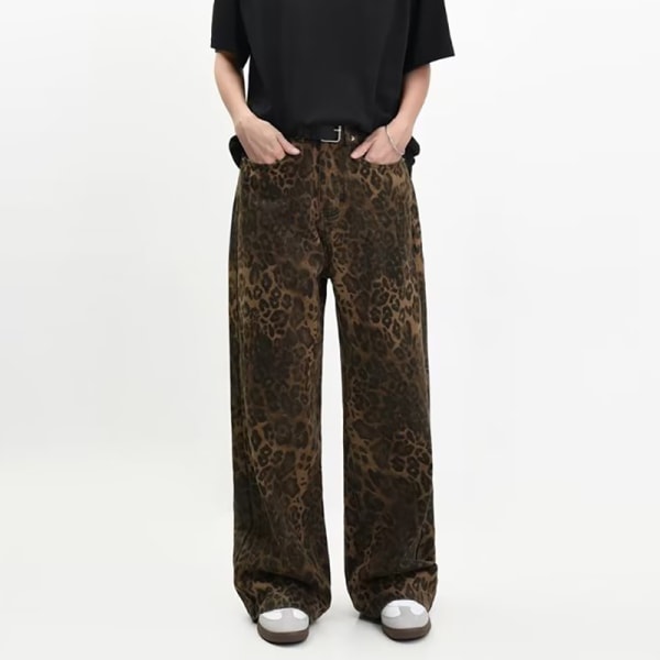 Brun leopardmønstret jeans - Damebukser i denim - Bukser med vide ben - Leopardmønster leopard print M