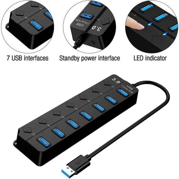 USB 3.0 Hub, Multi 7 Port USB Power Strip med uafhængig afbryder, drevet USB 3.0 Hub, Flere USB-porte til pc, bærbar computer