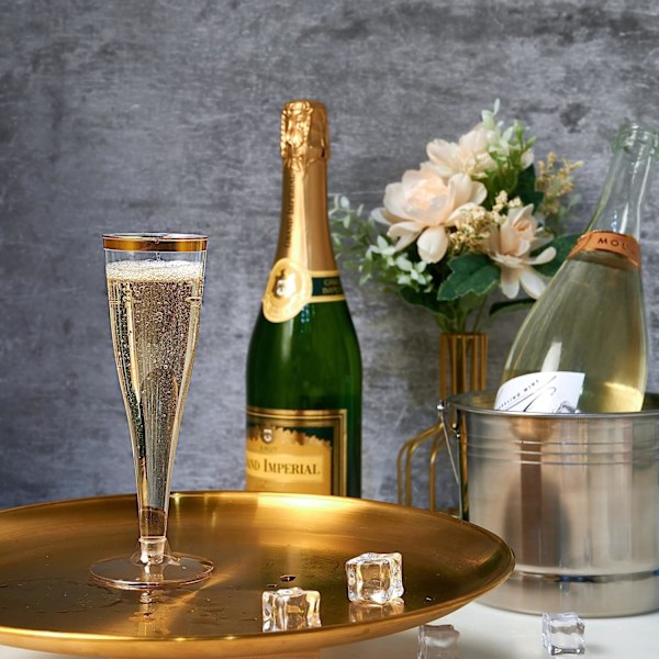50 st Champagneglas med guldkanter 150ml, Återanvändbara Champagneglas med fot för Trädgårdsbryllop, Dagsfester, Duschfester (5 x 17cm)