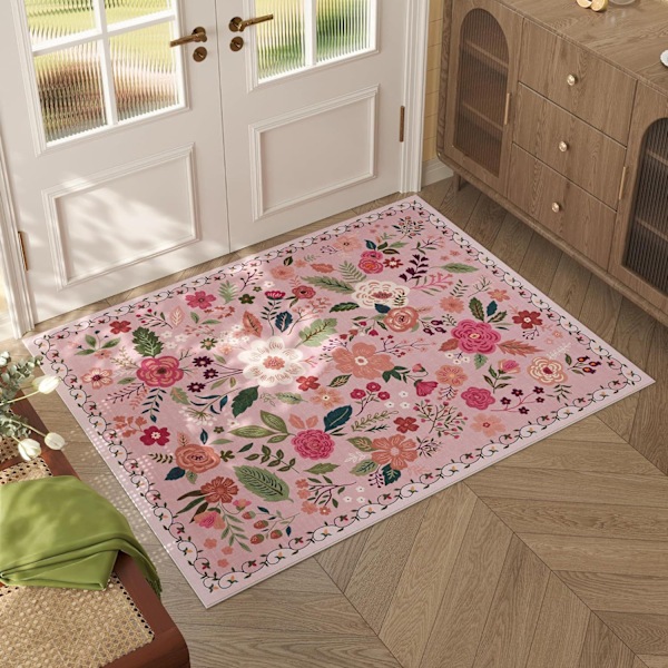 Dörrmatta Inomhus Ingång 2x4 Matta Maskintvättbar Boho Blommig Liten Area Matta Halksäker Låg Högen Kast Matta för Entré, Kök, (Beige) -3
