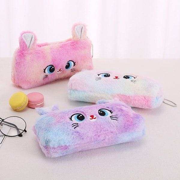 Kawaii tecknad söt katt plyschficka pennfodral dragkedja fluffig stor kapacitet pennväska Purple Color+Rose*2