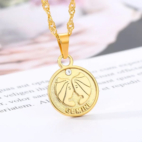 Disk Stjernebillede Halskæde 12 Stjernetegn Sten Vedhæng Halskæde Kvinder Mode Horoskop Smykker Fødselsdagsgaver Guld Farve Gold Color Gemini