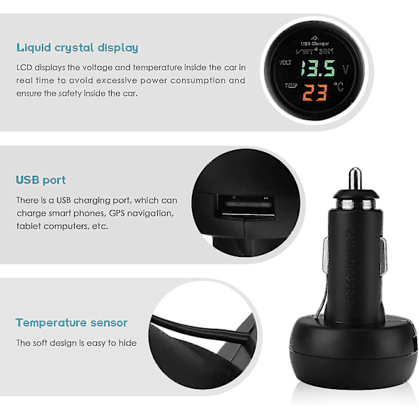 Bilvoltmeter 2024, 3 i 1 12-24v Biltermometer Bil USB-laddare Voltmeter med LCD Digital Display