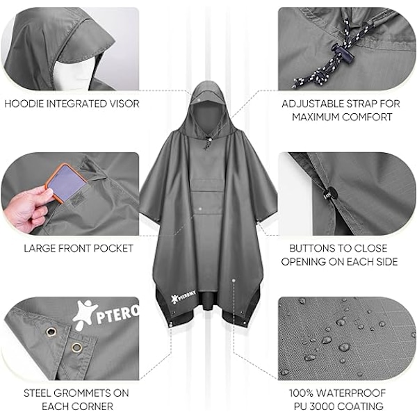 Hupullinen sadeviitta aikuisille, jossa tasku Grey