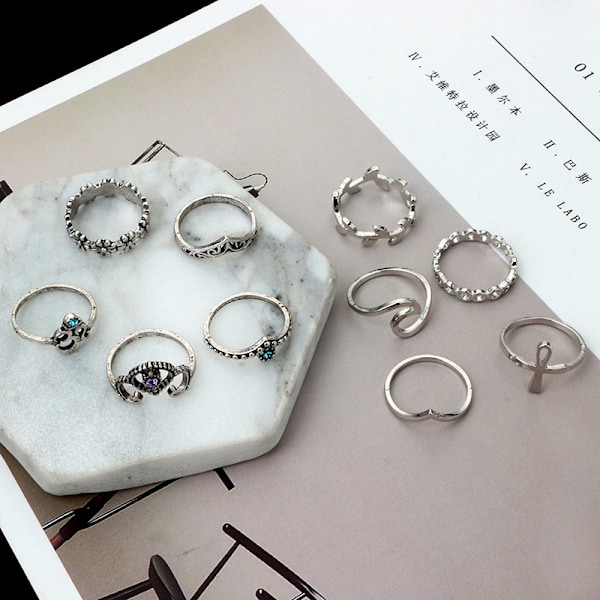 Bohemisk Retro Vintage Kristall Led Ring Set Finger Ringar Vintage Inlagd Pärla Led Ring Vit Kant Ring (Stil B 10 st)