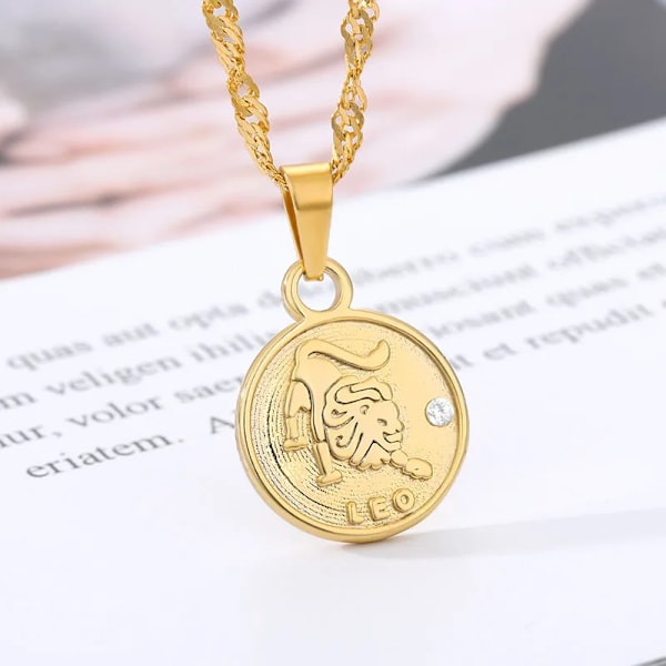 Disk Constellation Halskæde 12 Stjernetegn Sten Vedhæng Halskæde Kvinder Mode Horoskop Smykker Fødselsdagsgaver Guld Farve Gold Color Leo