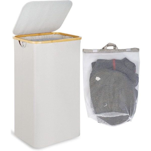Vasketøjskurv Stor vasketøjskurv med låg, 100L stor vasketøjskurv med bambushåndtag til tøj, XXL sammenklappelig vasketøjskurv med beige inderpose