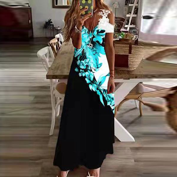 Kvinde Sommer Kortærmet Lang Kjole Hæklet Maxi Kjoler Sort Hvid Tie Dye 3XL Positionering Blå Blomster Positioning Blue Floral L