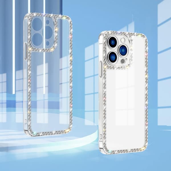 PC-kompatibelt med iPhone 13 Pro Max Transparent Deksel Søtt for Kvinner Jenter Bling Diamant Glitter Rhinestone Glitrende B