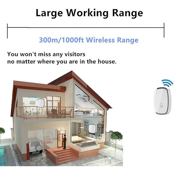 Dørklokke, trådløs elektrisk dørklokke vandtæt 300 meter rækkevidde,