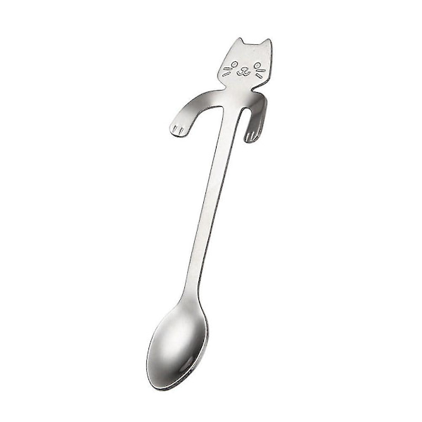 5 x Cartoon Cat Langskaftet Suppe Rustfrit Stål Dessert Kage Kaffe Ske Bestik