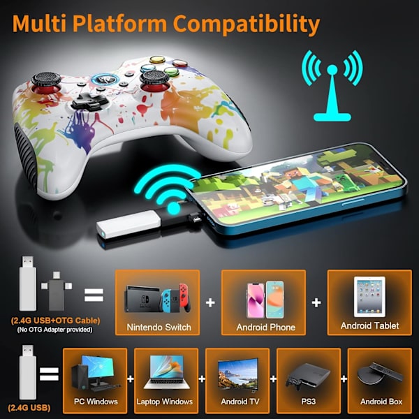 Trådløs Spilcontroller til Windows 7 8 10 11 PC/PS3/Android/Switch Deck, Dobbelt-Vibration Gamepad Joystick Computer Spilcontroller (Hvid) White