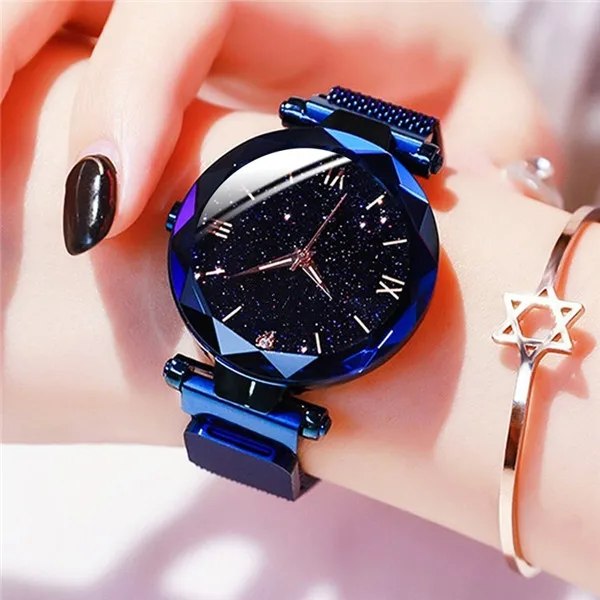 Fashion Starry Sky Damklockor Magnet Spänne Mesh Bälte Diamant Kvarts Klocka Dam Klocka Klocka relogio feminino Blue