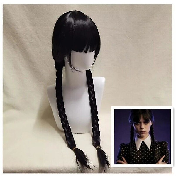 Barn Flickor Onsdag Addams Familjen Kostym Halloween Klänning Födelsedagsfest Endast Peruk Only Wig 110cm