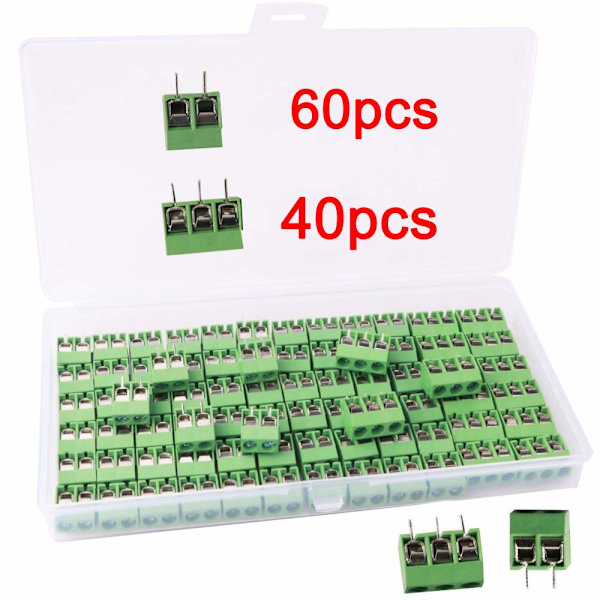 100 stk loddeterminalblokk 5mm, PCB skrueklemmeblokk trykt kretskort 2-pin (pin) og 3-pin (pin)