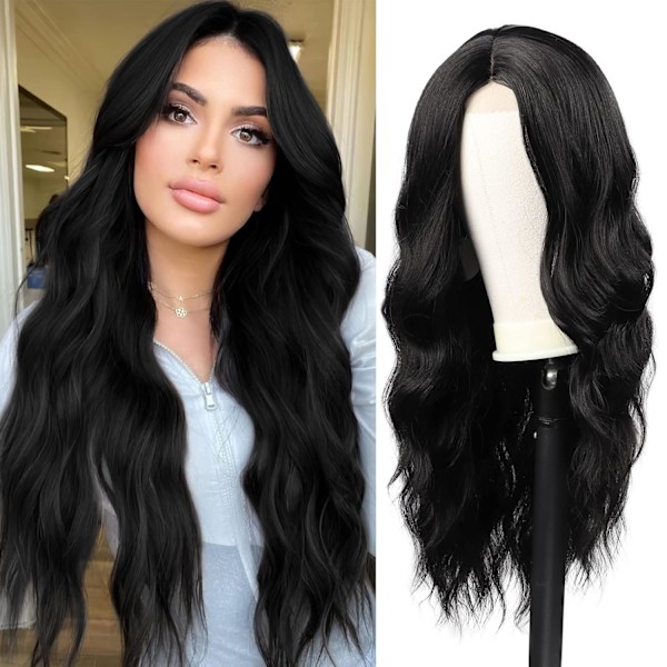 Women's Long Black Wavy Wig 24 Inch Curly Synthetic Wig Natural M