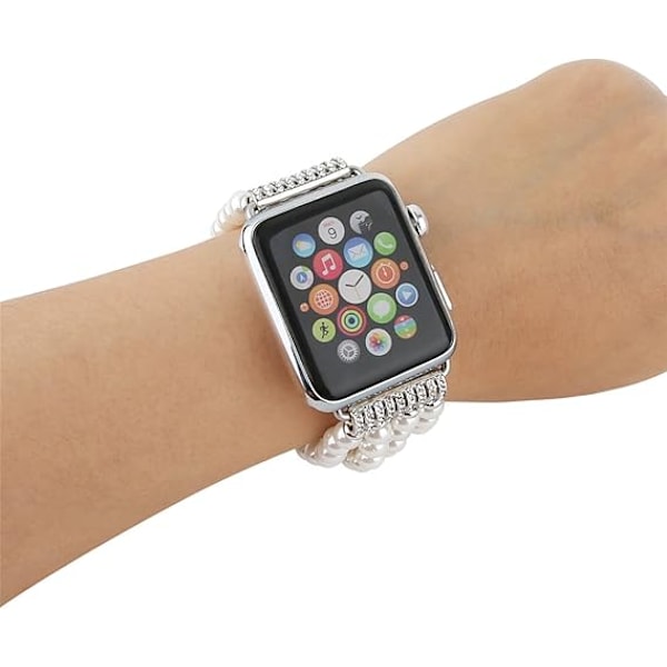 Helmi-ranneke (valkoinen), yhteensopiva Apple Watch -rannekkeen kanssa 42/44/45 mm Naisten iWatch-ranneke sarjat 8/7/6/5/4/3/2/1, käsintehty helmi-elastiranneke