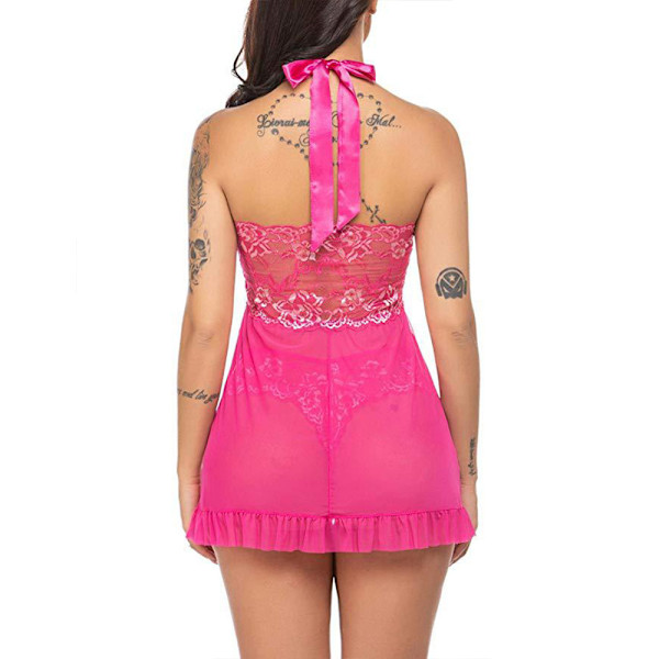 Kvinder Sexet Lingeri Mesh Push-Up Halter Hals Kjole Nattøj Rose Rød Rose Red 3XL