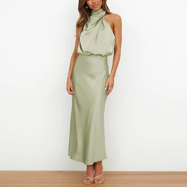 Sexig Kort Satin Klänning för Kvinnor, Sommarformell Långklänning, Mock Hals, Ärmlös, Sidoslits, Flytande Ärmlös Maxi Kjolar, Eleganta Kvinnokjolar light green M