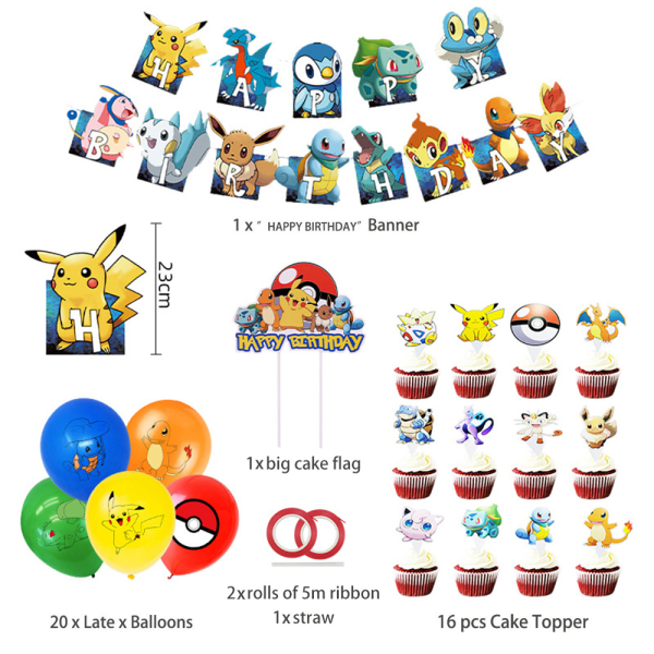 Pikachu-tema födelsedagsfest banderoll ballonger dekorationer set