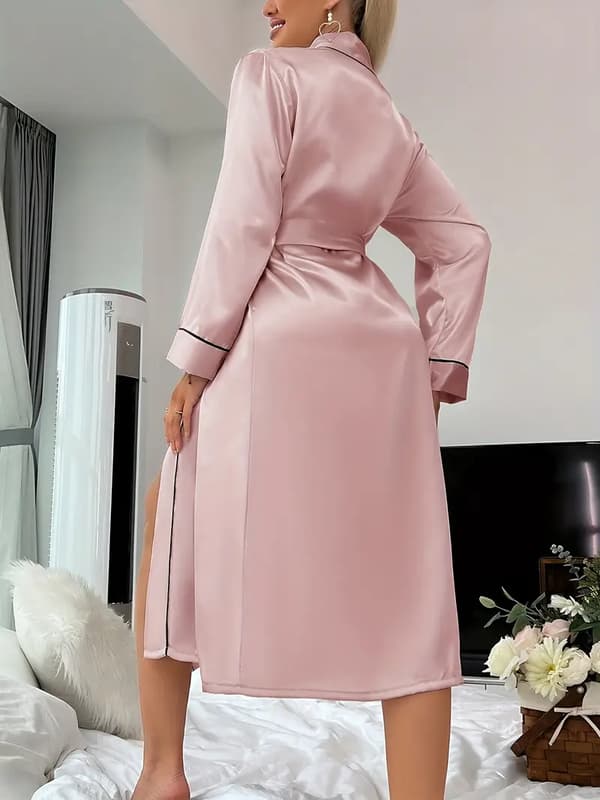Solid Satin Nattlinne, Elegant Långärmad V-ringad Morgonrock med Bälte, Sovkläder för Kvinnor Rosa 1 Rosa Pink M