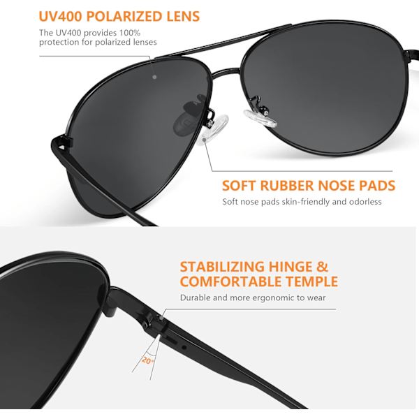 Pilot-Aurinkolasit Miehille Polarisoivat Aurinkolasit Unisex UV400 Suoja Mustat Aurinkolasit Ajamiseen Kalastukseen Juoksuun Klassiset Kevyet Varjot Black Frame