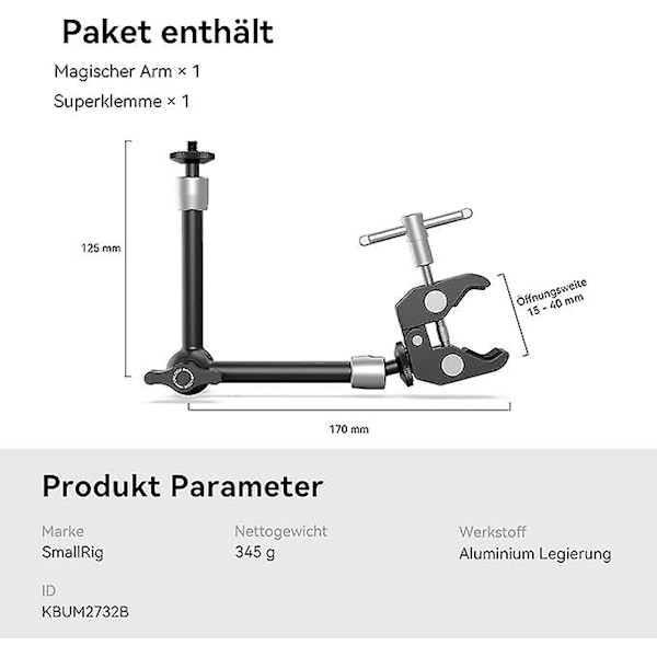 Smallrig 10 tuuman Magic Arm -nivelvarsi ja Super Clamp -suuripuristin monitorille ja LED-valolle - Kbum2732[qb]
