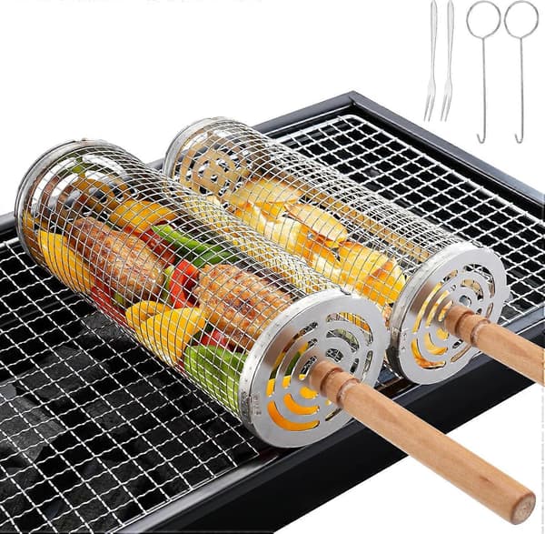 2 stk. roterende grillkurve i rustfrit stål med aftageligt træhåndtag, bærbart grilltilbehør, til udendørs grillning (BT)