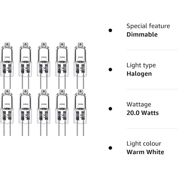 G4 halogenlamper 20W 12V - Varmt hvidt - 10 pak 20W 20W 20W 10 pcs